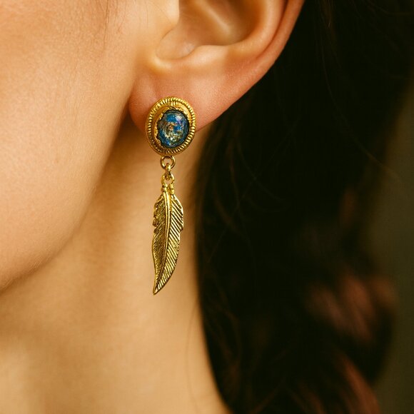 Vintage Gold Tone Feather Dangle Earrings w/ Turquoise Blue Stone Accent 1.5 in. - Picture 1 of 12